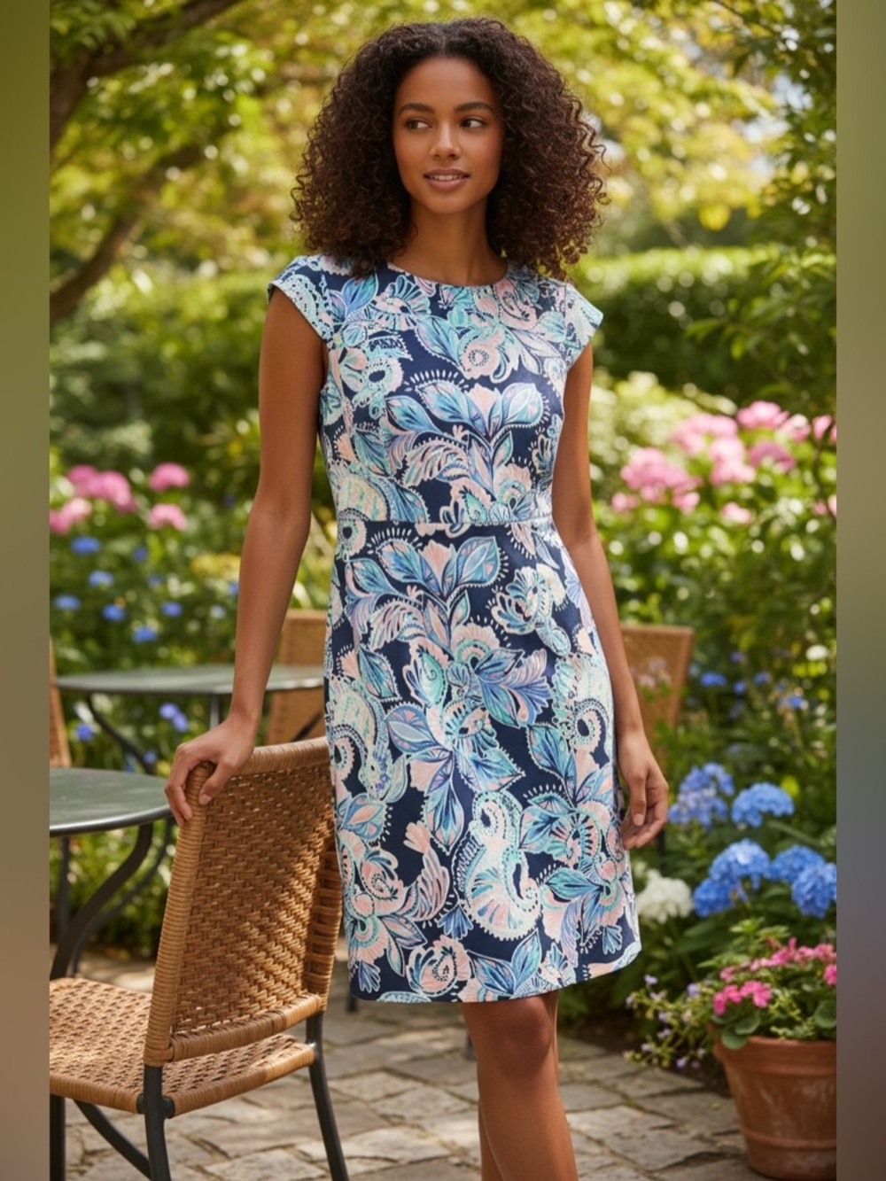 Lilly Pulitzer Navy Floral Cap-Sleeve Midi Dress